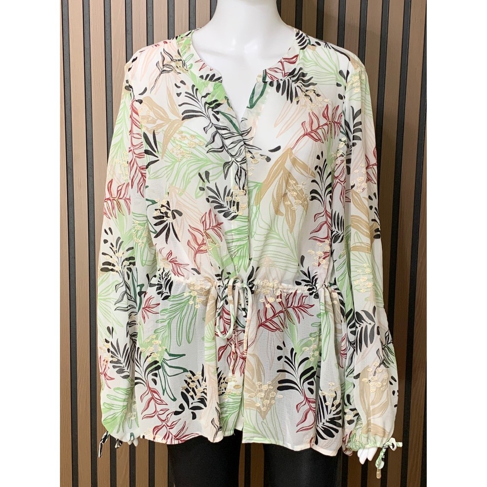 Chicos Women's Tropical Leaf Embroidered Sheer Tunic Top Size 2 US 12 Metallic